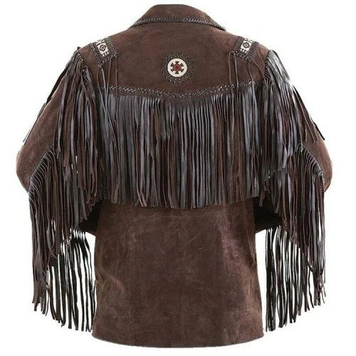 Men Western Cowboy Suede Fringe Jacket Beaded Native American Leather Jacket