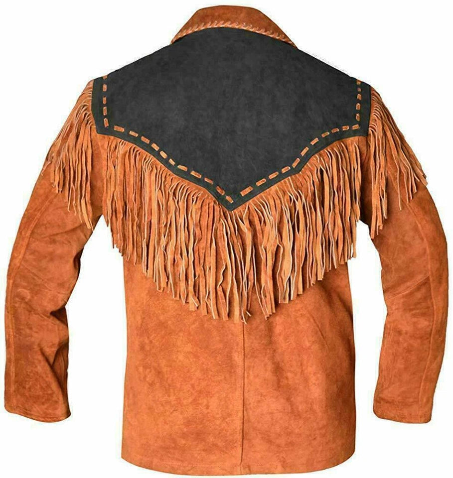 Men Western Cowboy Suede Fringe Jacket Beaded Native American Leather Jacket