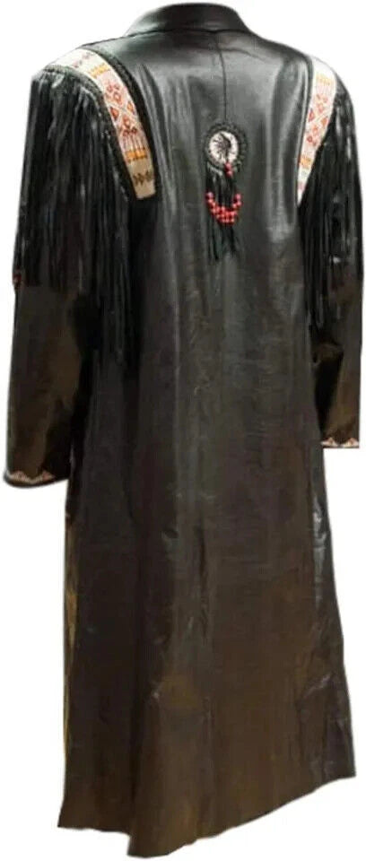 Men Black Real Leather Western Style Cowboy Coat Fringed & Beaded - Long Coat (Copy)