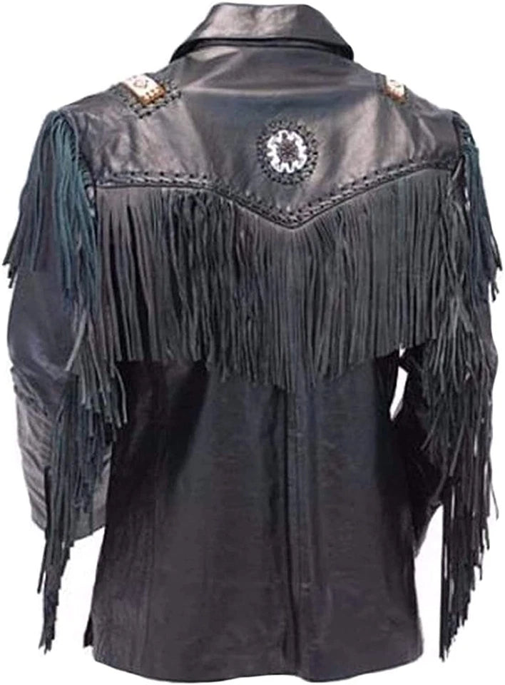 Men Western Cowboy Fringe Jacket Beaded Native American Real Leather Jacket