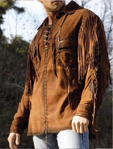 Men Western Cowboy Suede Fringe Shirt Native American Fringe Leather Jacket