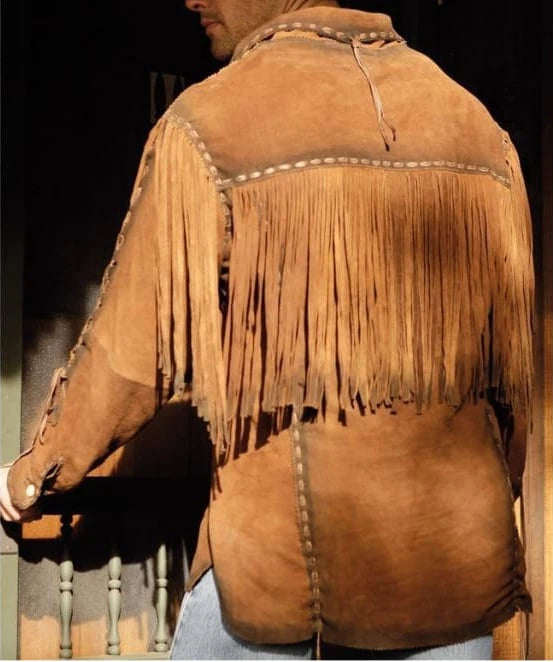 Men Western Cowboy Suede Fringe Shirt Native American Fringe Leather Jacket