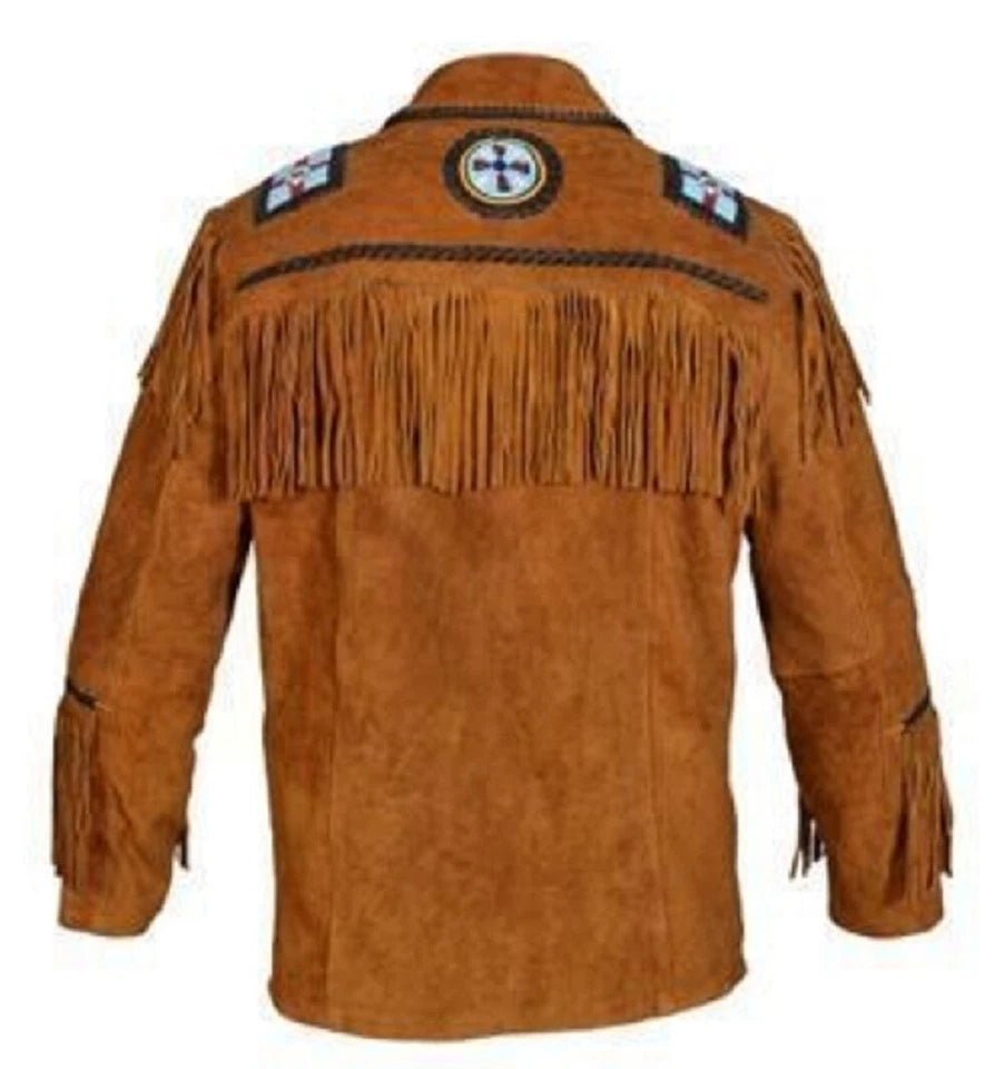 Men Western Cowboy Suede Fringe Jacket Beaded Native American Leather Jacket