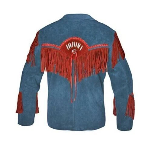 Men Western Cowboy Suede Fringe Jacket Beaded Native American Leather Jacket