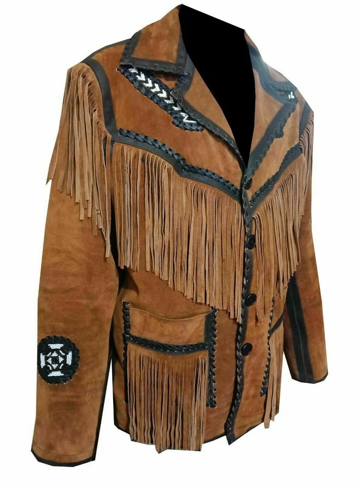 Men Western Cowboy Suede Fringe Jacket Beaded Native American Leather Jacket