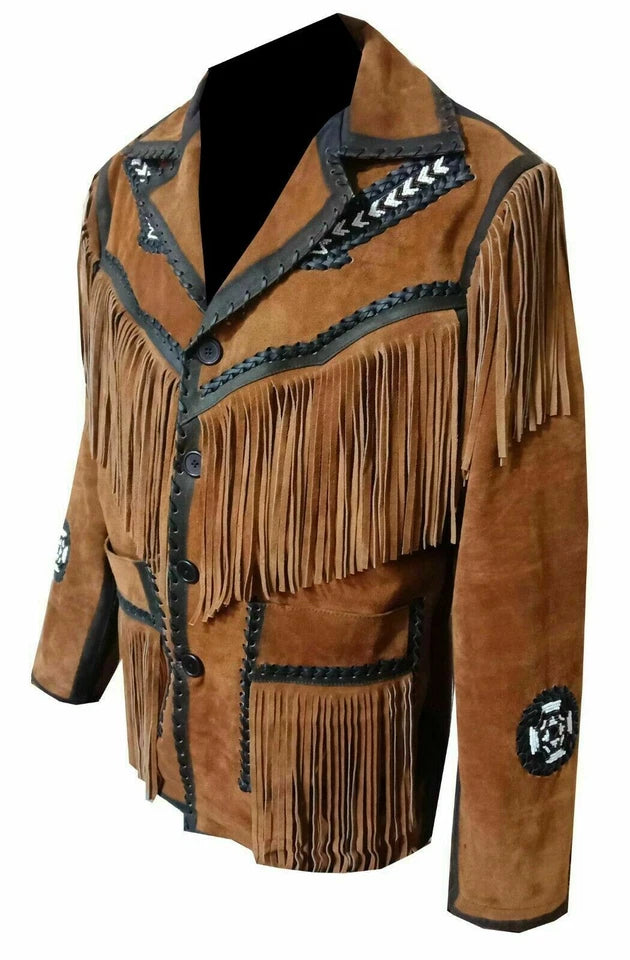 Men Western Cowboy Suede Fringe Jacket Beaded Native American Leather Jacket