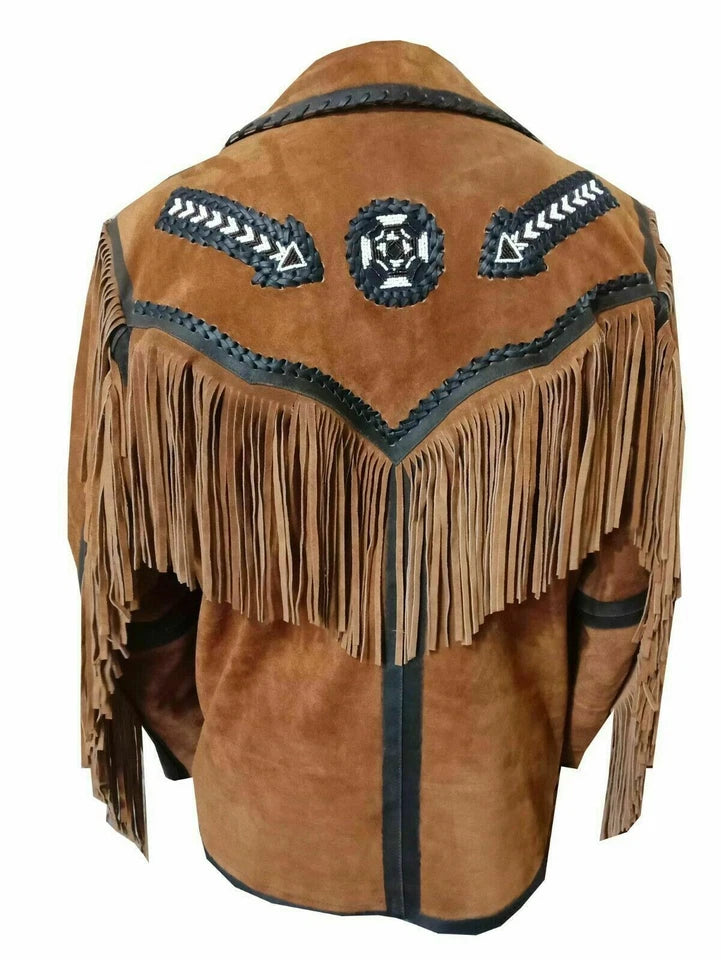 Men Western Cowboy Suede Fringe Jacket Beaded Native American Leather Jacket
