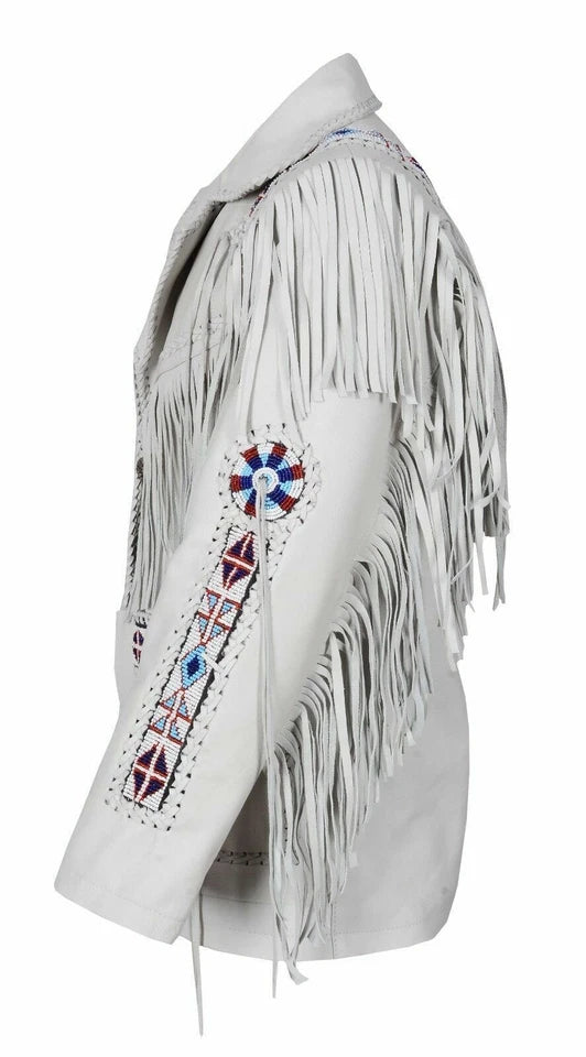 Men Western Cowboy Fringe Jacket Beaded Native American Real Leather Jacket