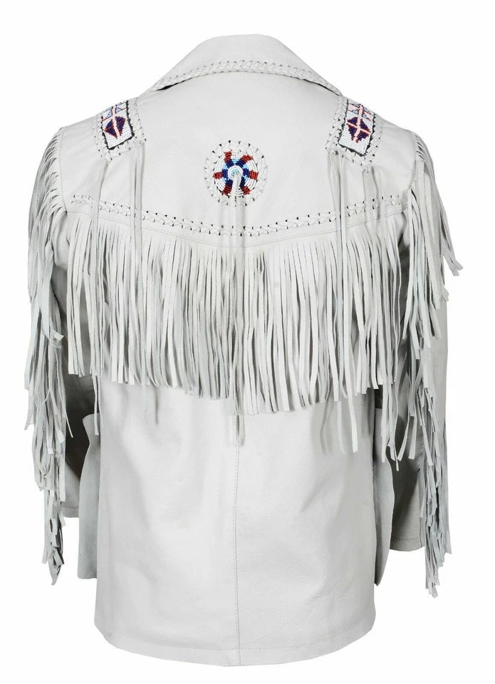 Men Western Cowboy Fringe Jacket Beaded Native American Real Leather Jacket
