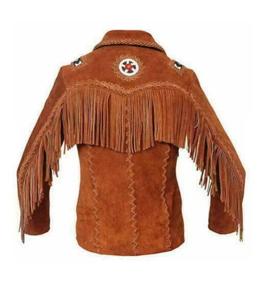 Men Western Cowboy Suede Fringe Jacket Beaded Native American Leather Jacket