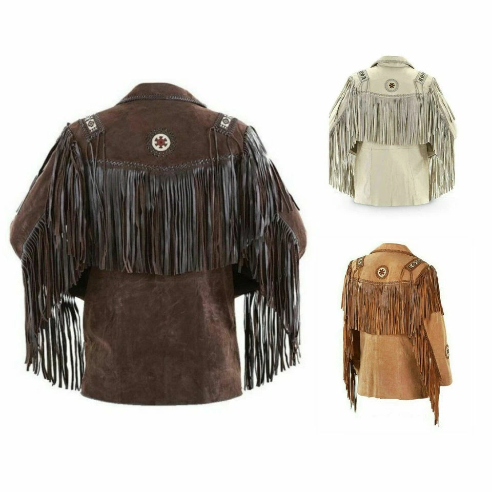 Men Western Cowboy Suede Fringe Jacket Beaded Native American Leather Jacket Opt