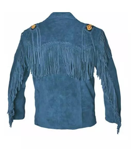 Men Western Cowboy Suede Fringe Jacket Beaded Native American Leather Jacket
