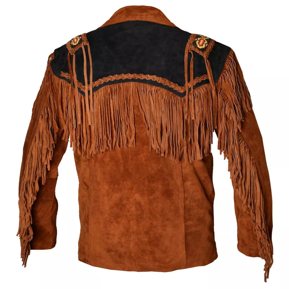Men Western Cowboy Suede Fringe Jacket Beaded Native American Leather Jacket