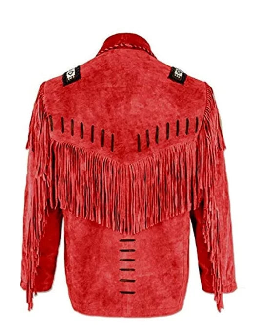 Men Western Cowboy Suede Fringe Jacket Beaded Native American Leather Jacket