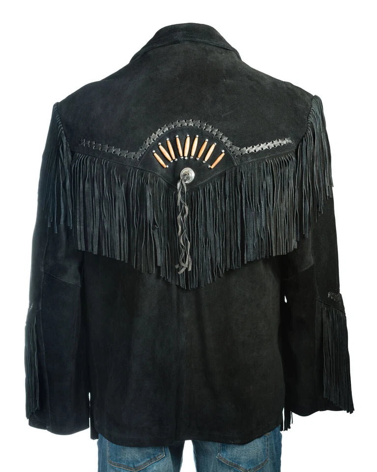 Men Western Cowboy Suede Fringe Jacket Beaded Native American Leather Jacket