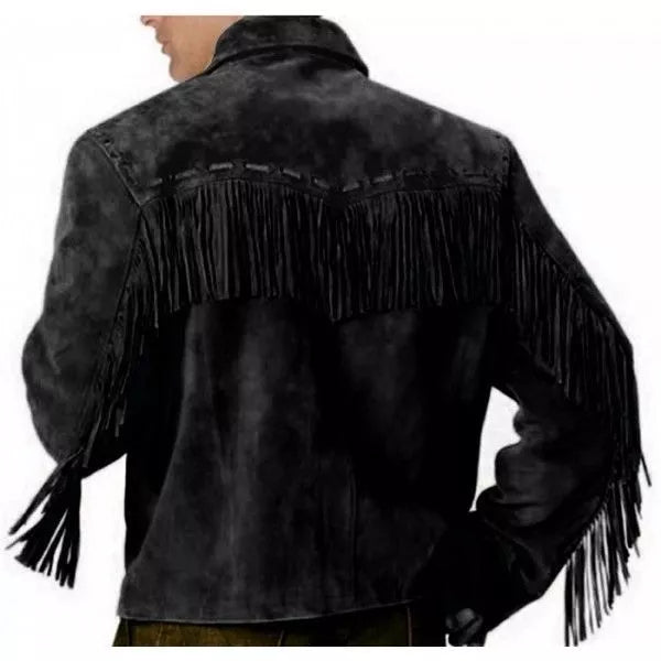 Men Western Cowboy Suede Fringe Jacket Native American Fringe Leather Jacket