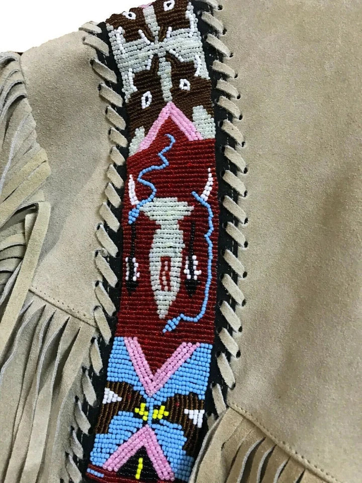 Men Western Cowboy Suede Fringe Jacket Beaded Native American Leather Jacket