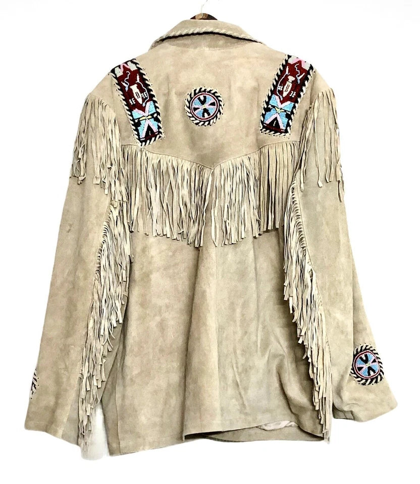 Men Western Cowboy Suede Fringe Jacket Beaded Native American Leather Jacket