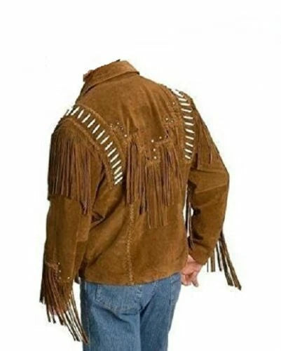 Men Western Cowboy Suede Fringe Jacket Beaded Native American Leather Jacket