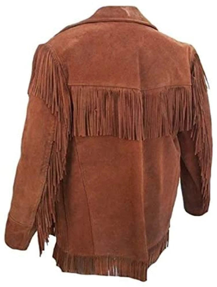 Men Western Cowboy Suede Fringe Jacket Native American Fringe Leather Jacket
