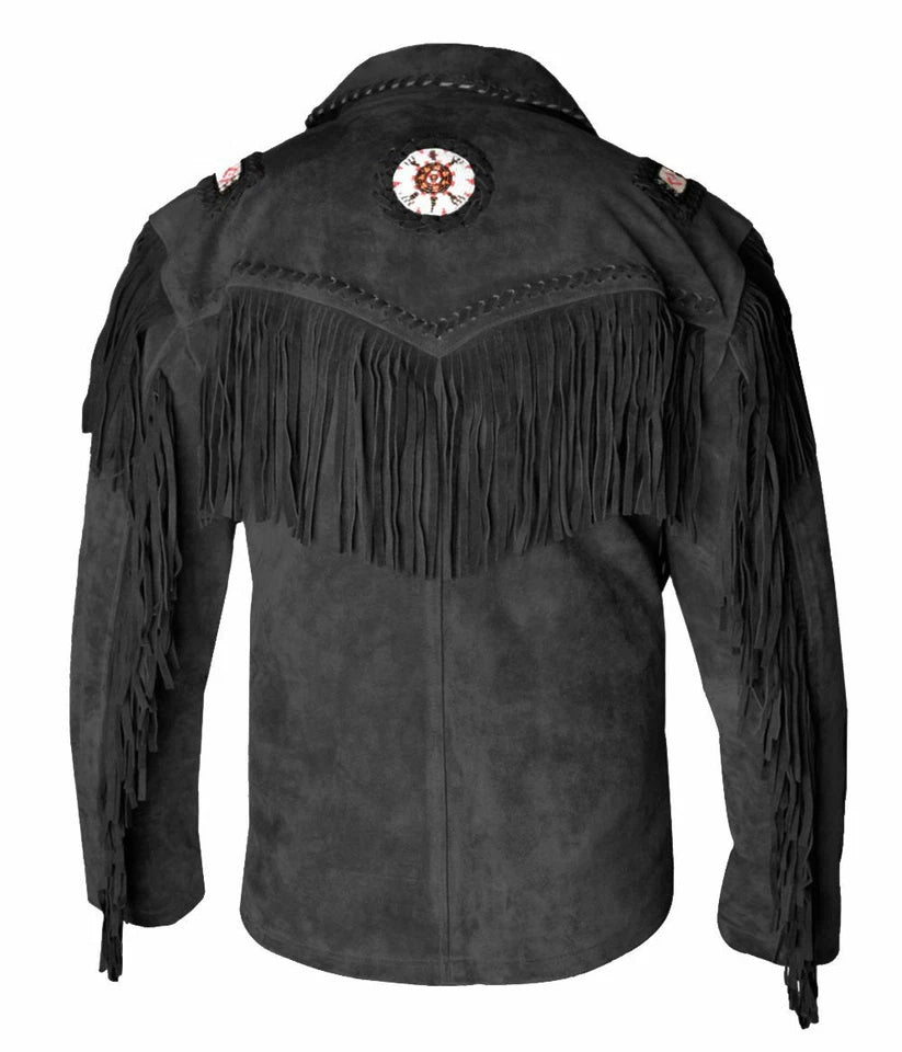 Men Western Cowboy Suede Fringe Jacket Beaded Native American Leather Jacket