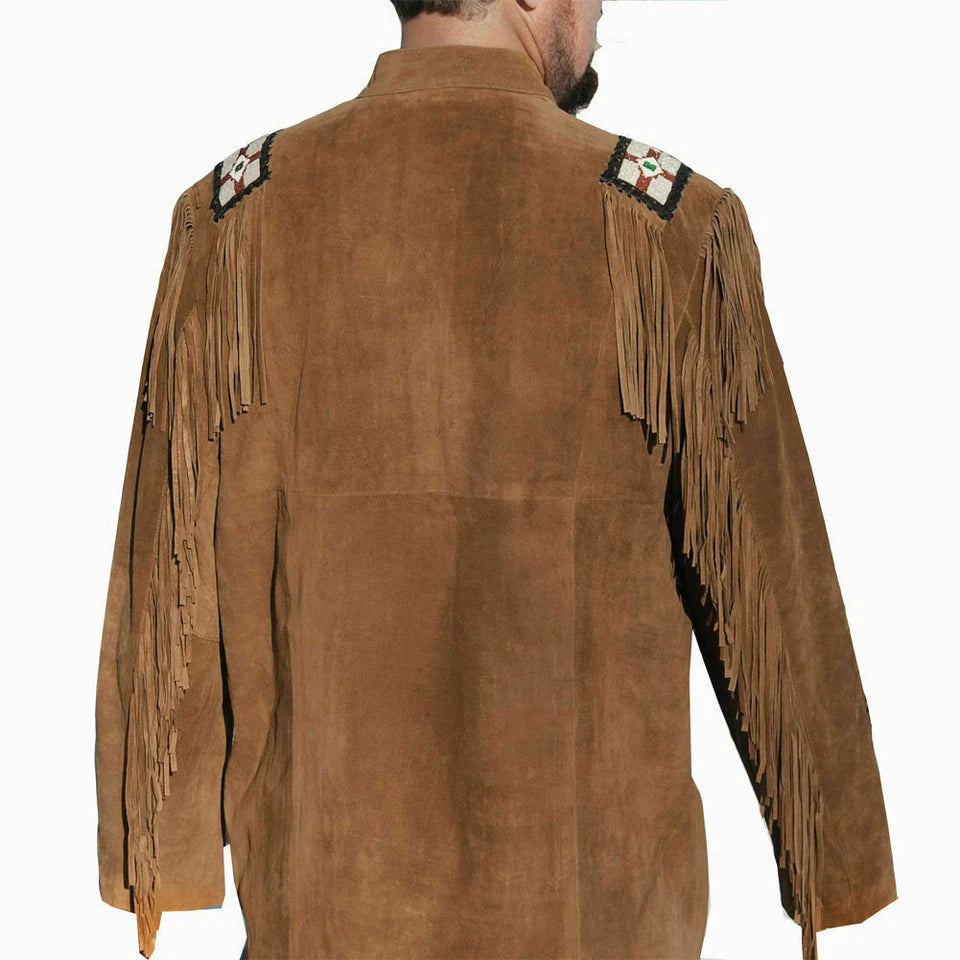 Men Western Cowboy Suede Fringe Shirt Beaded Native American Leather Jacket