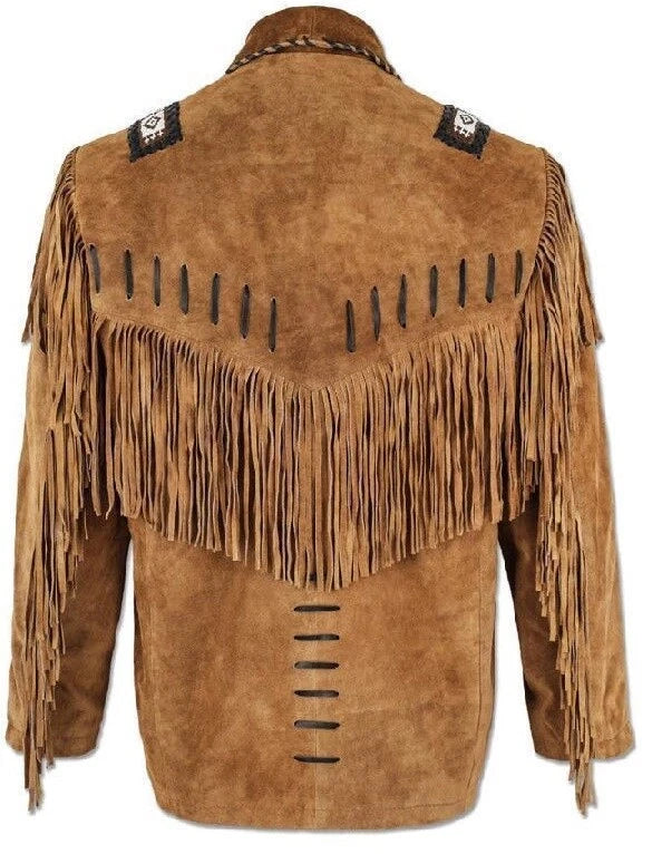 Men Western Cowboy Suede Fringe Jacket Beaded Native American Leather Jacket