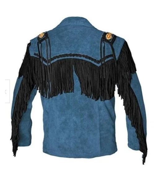 Men Western Cowboy Suede Fringe Jacket Beaded Native American Leather Jacket