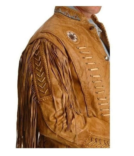 Men Western Cowboy Fringe Jacket Beaded Native American Real Leather Jacket
