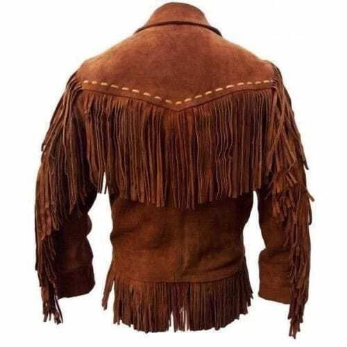 Men Western Cowboy Suede Fringe Jacket Native American Fringe Leather Jacket