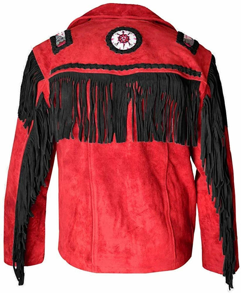 Men Western Cowboy Suede Fringe Jacket Beaded Native American Leather Jacket