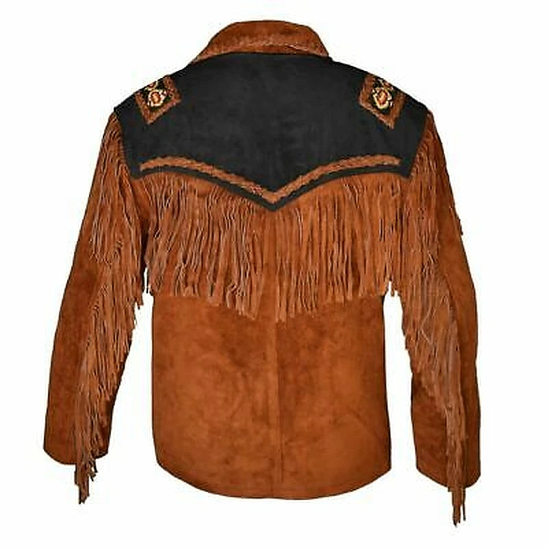 Men Western Cowboy Suede Fringe Jacket Beaded Native American Leather Jacket