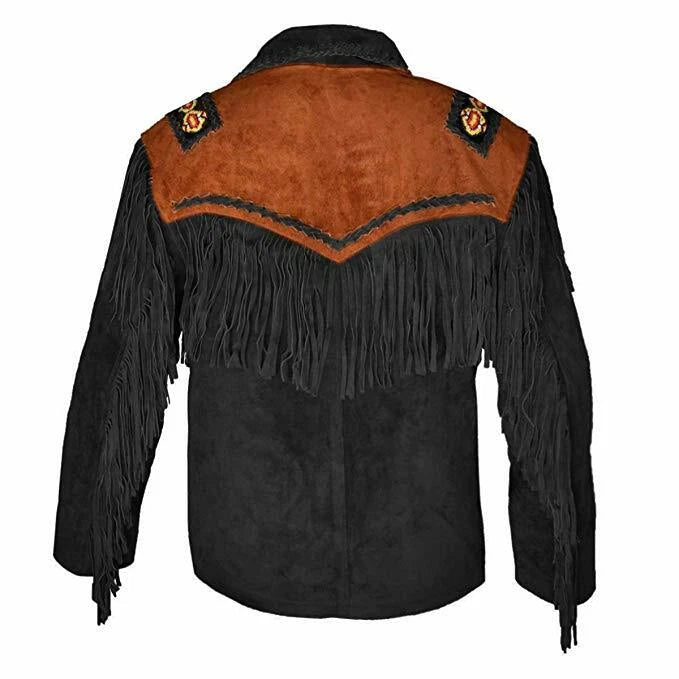Men Western Cowboy Suede Fringe Jacket Beaded Native American Leather Jacket