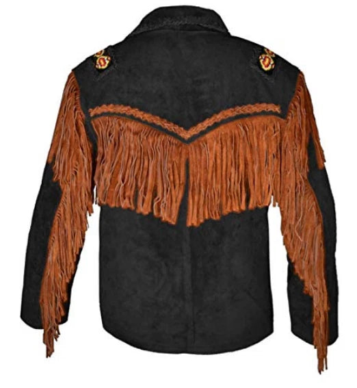 Men Western Cowboy Suede Fringe Jacket Beaded Native American Leather Jacket