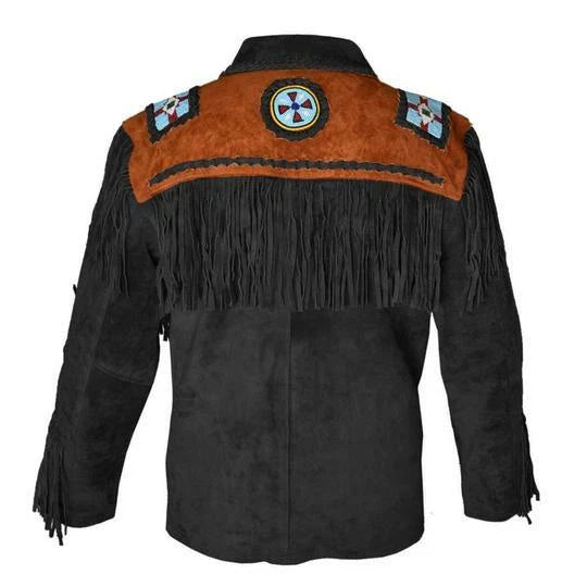 Men Western Cowboy Suede Fringe Jacket Beaded Native American Leather Jacket