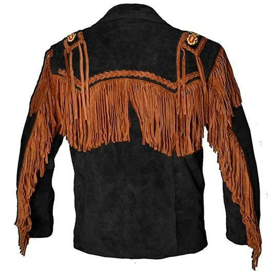 Men Western Cowboy Suede Fringe Jacket Beaded Native American Leather Jacket