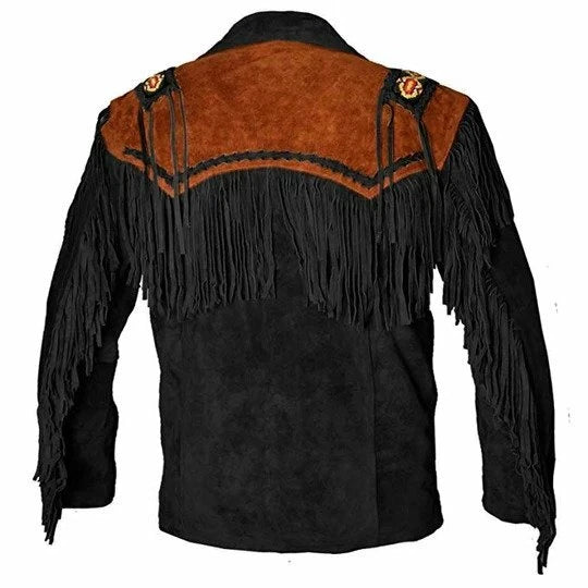 Men Western Cowboy Suede Fringe Jacket Beaded Native American Leather Jacket