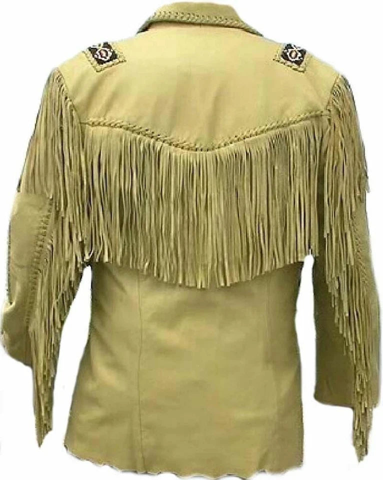Men Western Cowboy Real Suede Leather Fringe Jacket Beads Native American Jacket
