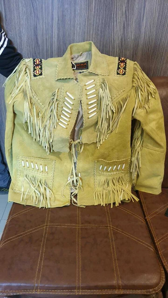 Men Western Cowboy Suede Fringe Jacket Beaded Native American Leather Jacket