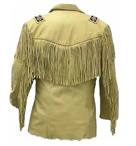 Men Western Cowboy Suede Fringe Jacket Beaded Native American Leather Jacket