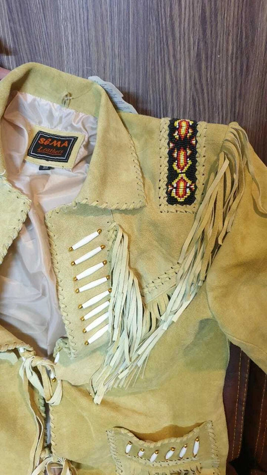 Men Western Cowboy Suede Fringe Jacket Beaded Native American Leather Jacket