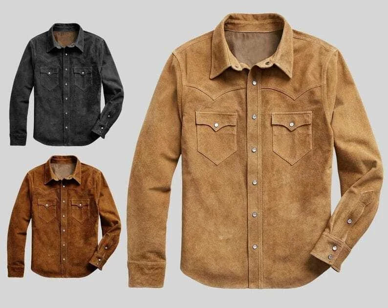 Men Suede Leather Trucker Premium Western Wear Shirt - Suede Leather Shirt