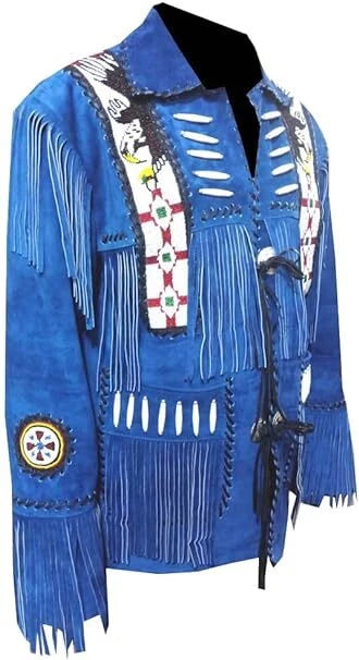 Men Western Cowboy Suede Fringe Jacket Beaded Native American Leather Jacket