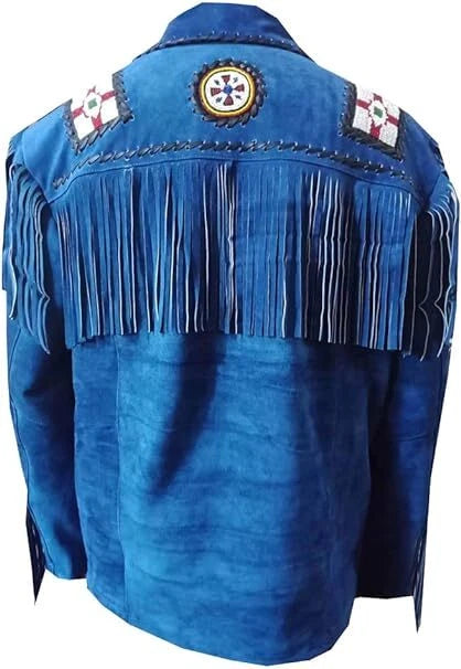 Men Western Cowboy Suede Fringe Jacket Beaded Native American Leather Jacket