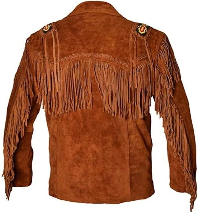 Men Western Cowboy Suede Fringe Jacket Beaded Native American Leather Jacket