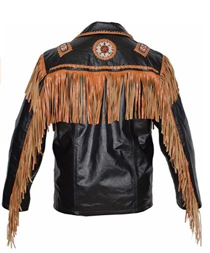 Men Western Cowboy Fringe Jacket Beaded Native American Real Leather Jacket