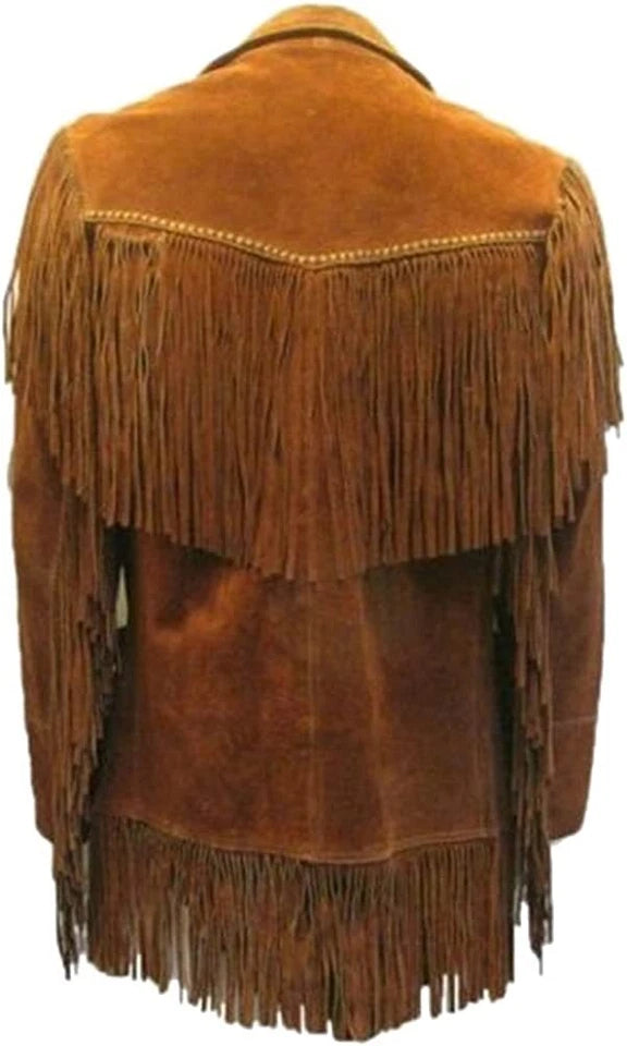 Men Western Cowboy Suede Fringe Jacket Native American Fringe Leather Jacket