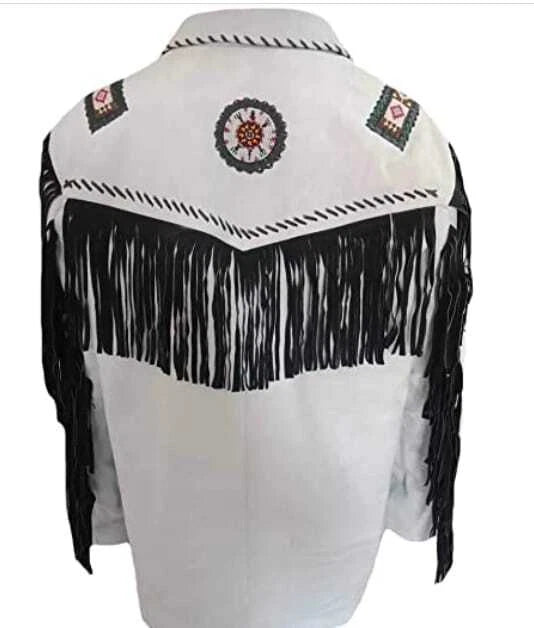 Men Western Cowboy Fringe Jacket Beaded Native American Real Leather Jacket