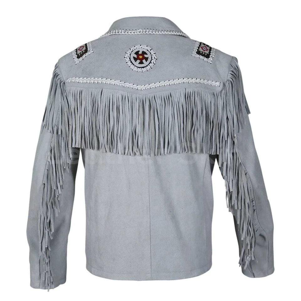 Men Western Cowboy Suede Fringe Jacket Beaded Native American Leather Jacket