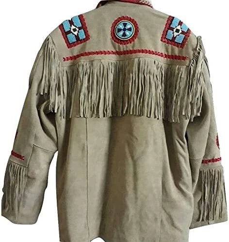 Men Western Cowboy Suede Fringe Jacket Beaded Native American Leather Jacket